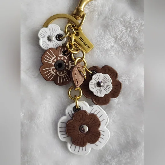 Designer Inspired Brown and White Floral Keychain with Gold Hardware Bag Charm - Picture 2 of 5